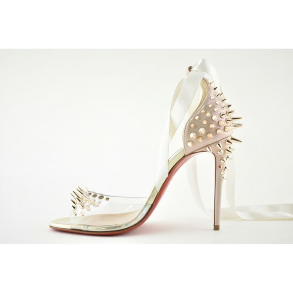Christian Louboutin Barbarissima 100 Nude Gold PVC Lace Up Sandal Heel Pump 35.5 - Picture 10 of 12